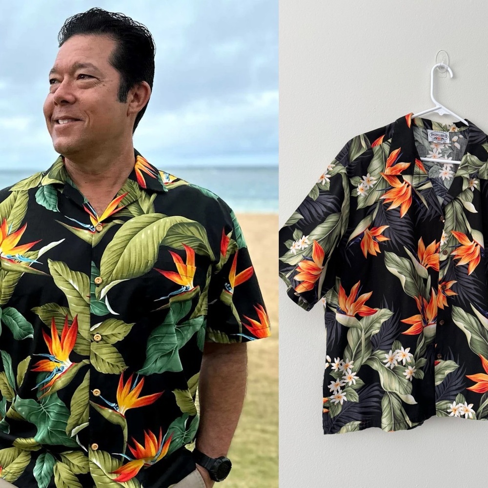 Men's Hawaiian Aloha Shirt Pacific Legend Bird of Paradise Black Cotton Size 2XL - Picture 1 of 10